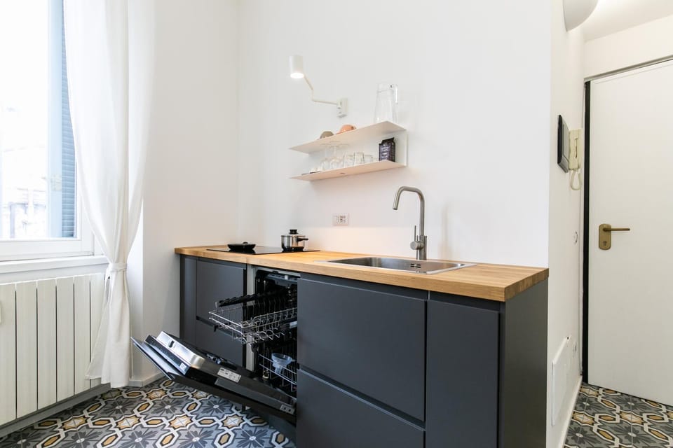 Kitchen or kitchenette, stove