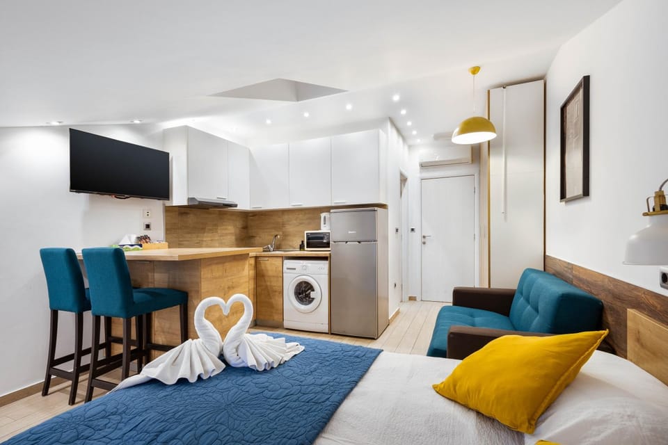 Bed, TV and multimedia, Kitchen or kitchenette, Living room, Photo of the whole room, Seating area, Dining area, Bedroom, towels, wardrobe, washing machine, air conditioner