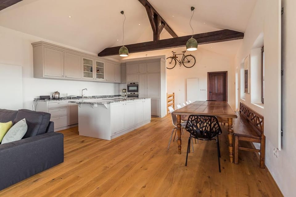 Kitchen or kitchenette, Living room, Seating area, Dining area, stove