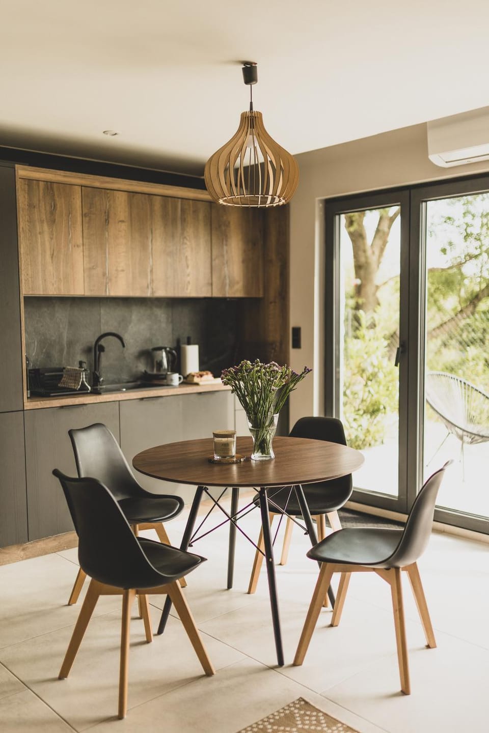 Day, Summer, Kitchen or kitchenette, Photo of the whole room, Decorative detail, Dining area, Garden view, Mountain view, Quiet street view, dishwasher, microwave, oven, stove, kitchen