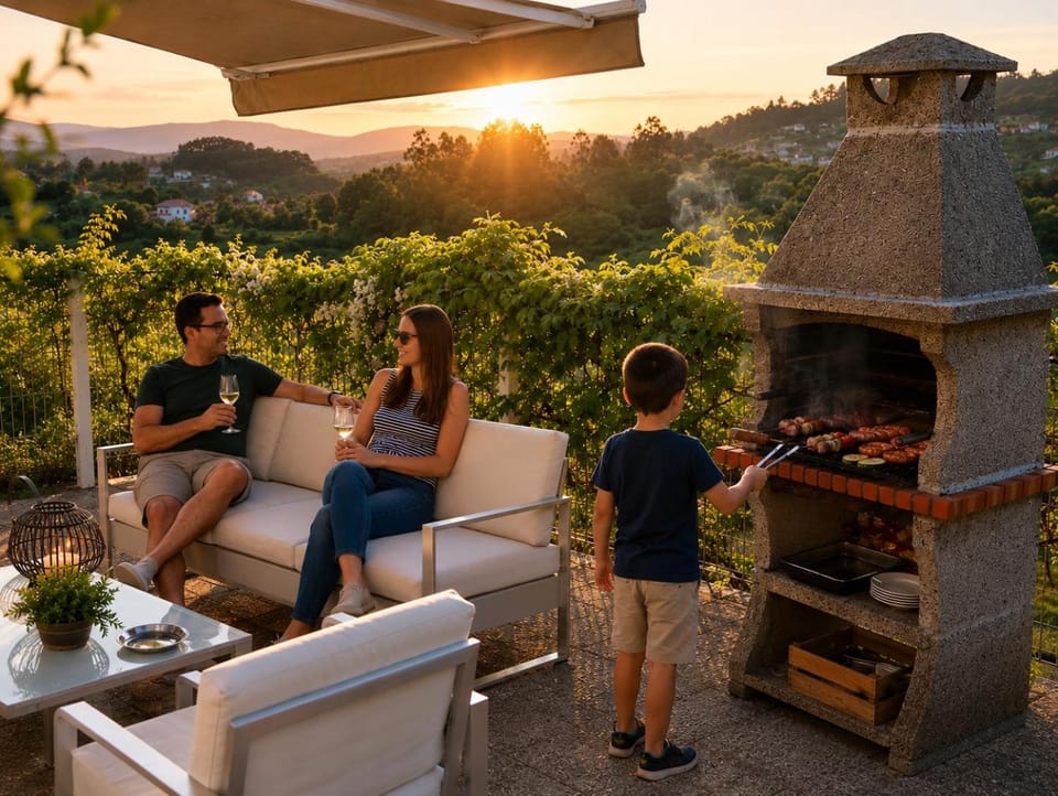Patio, People, Natural landscape, BBQ facilities, View (from property/room), Balcony/Terrace, Evening entertainment, Mountain view, Sunset, children, group of guests, Family