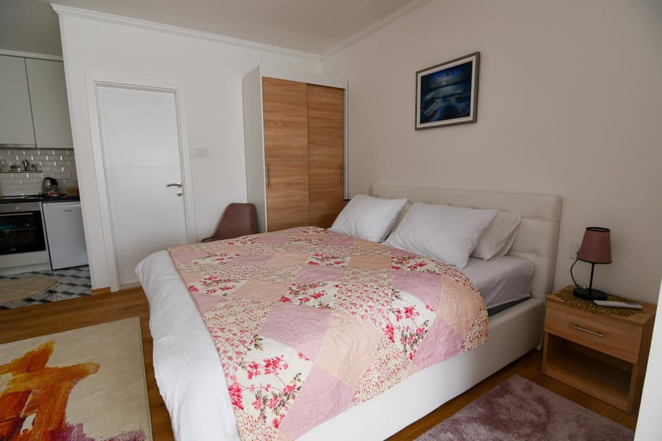Bed, wardrobe