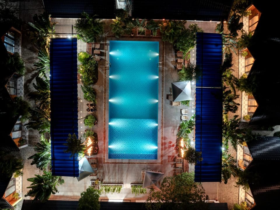 Night, Bird's eye view, Pool view, Swimming pool, sunbed