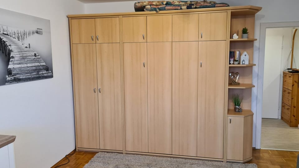 Bed, wardrobe