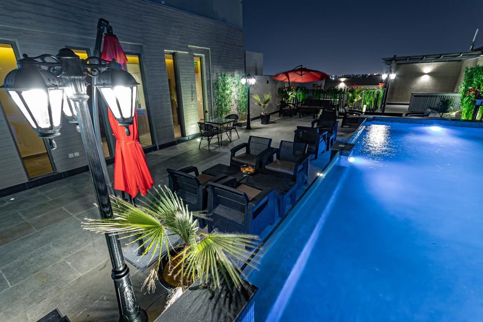 Night, Pool view, Swimming pool