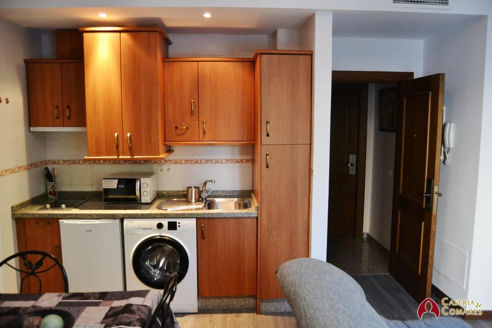 Kitchen or kitchenette, minibar, stove, washing machine
