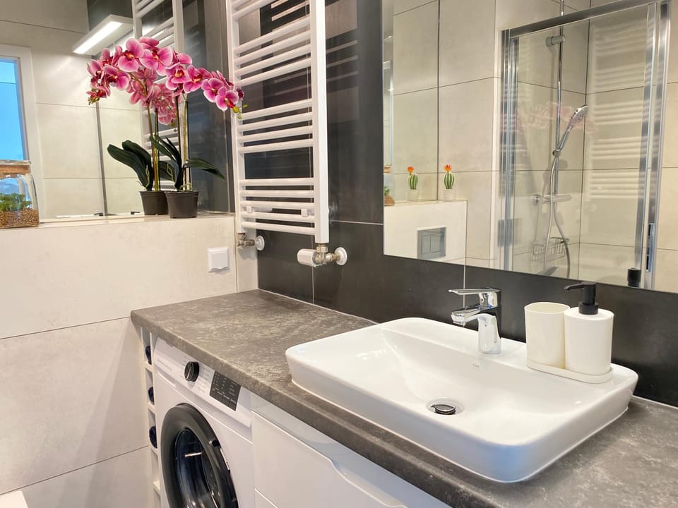 Bathroom, towels, washing machine, dryer