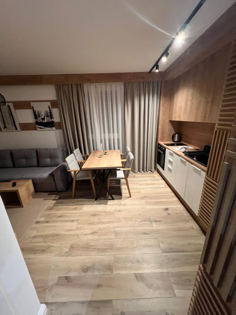 Kitchen or kitchenette, Living room, Seating area, stove