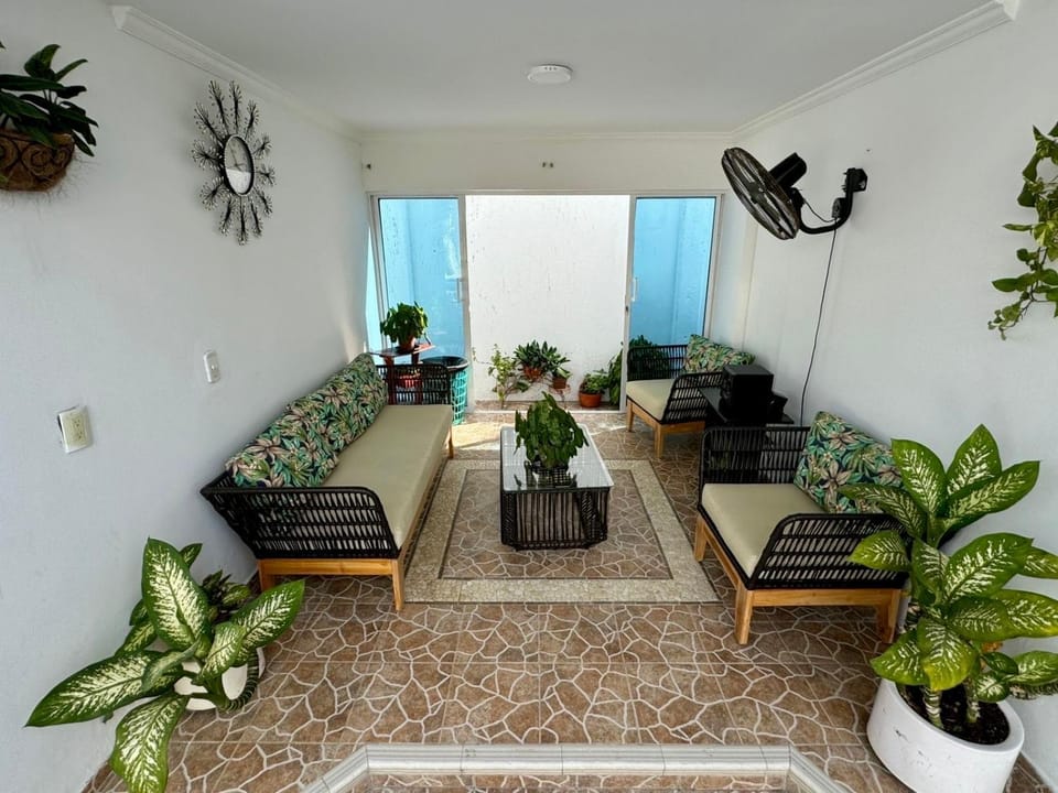 Patio, Living room, Pool view