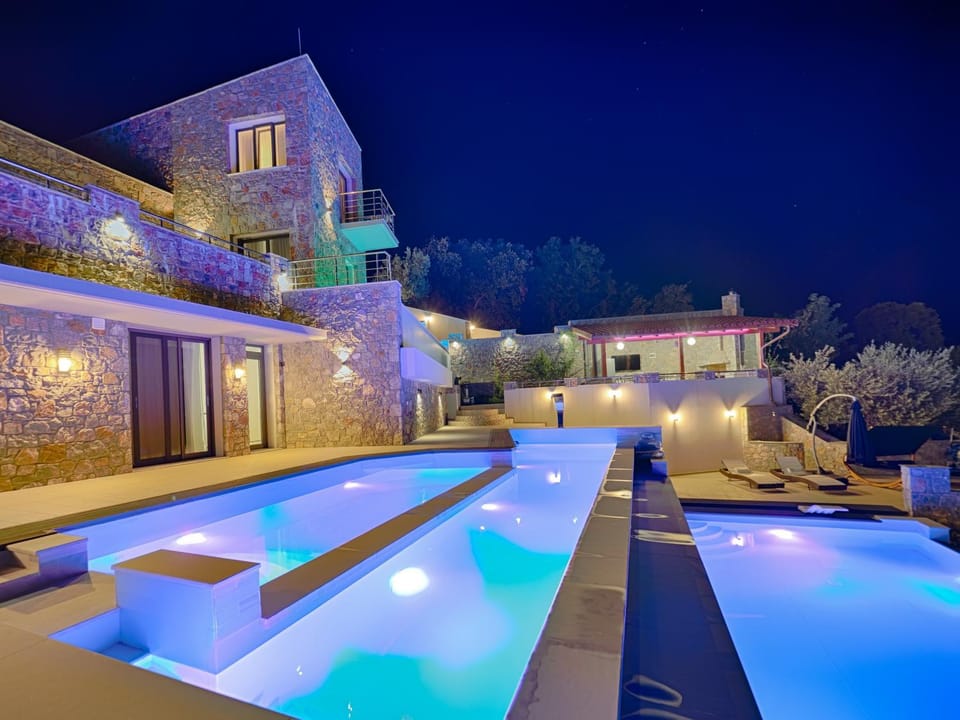 Property building, Patio, Night, Pool view, Swimming pool, sunbed