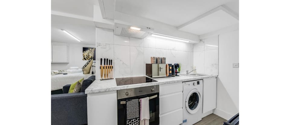 Kitchen or kitchenette, minibar, oven, stove, washing machine