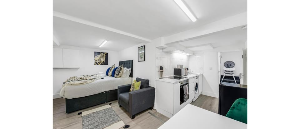 Bed, Kitchen or kitchenette, Photo of the whole room, Bedroom, minibar, oven, stove, washing machine