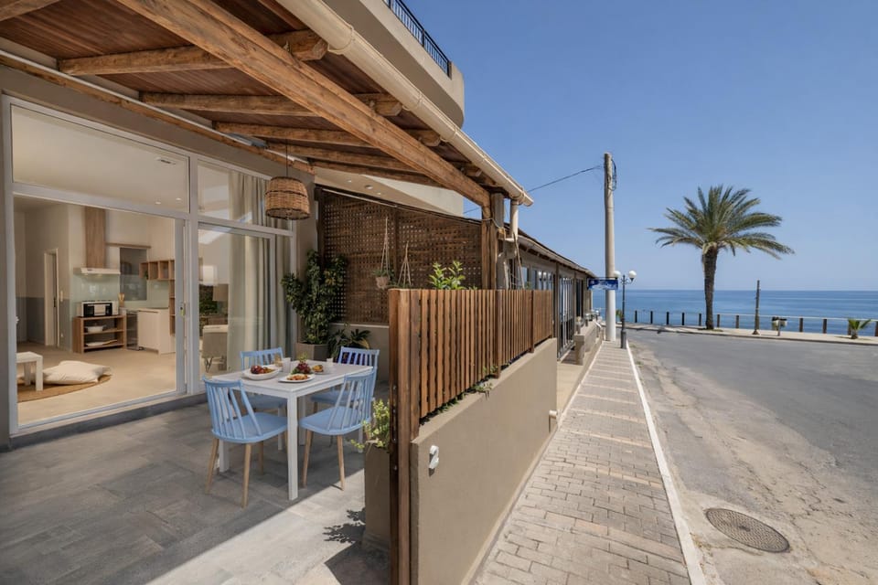 Property building, Patio, Day, Natural landscape, View (from property/room), Balcony/Terrace, Dining area, Beach, Sea view