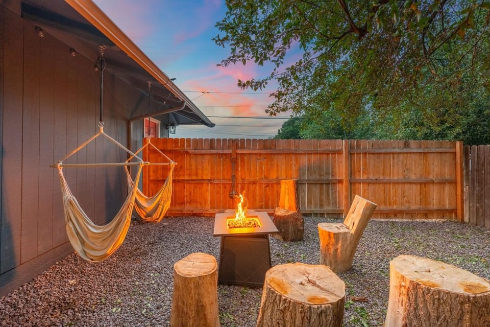 Patio, Night, Garden, Seating area, fireplace
