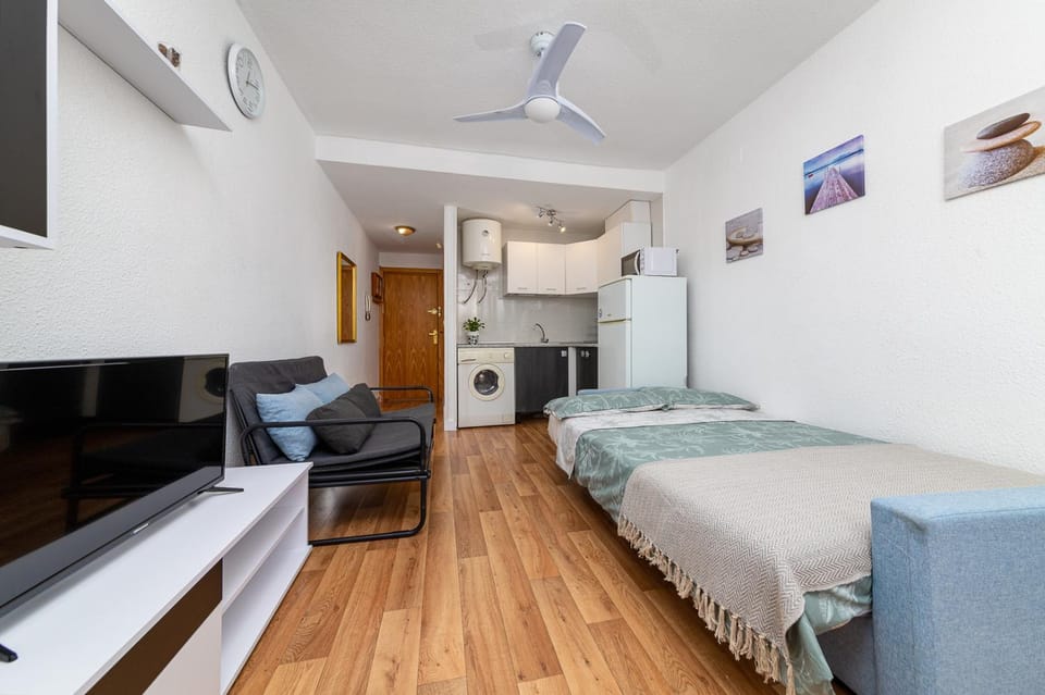 Bed, TV and multimedia, Kitchen or kitchenette, Photo of the whole room, fireplace, stove, air conditioner