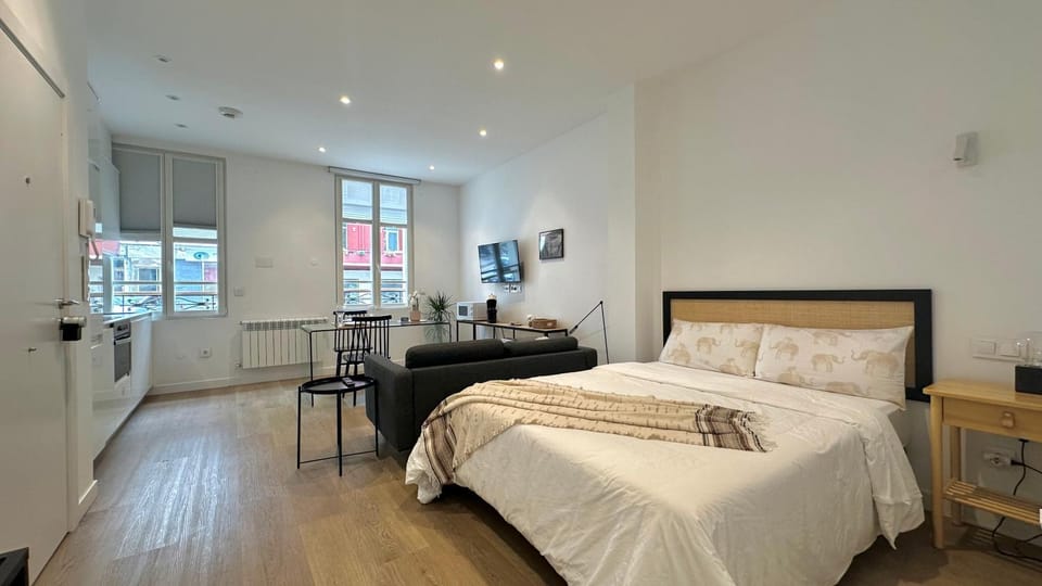 Bed, TV and multimedia, Kitchen or kitchenette, Living room, Photo of the whole room, Seating area, Bedroom