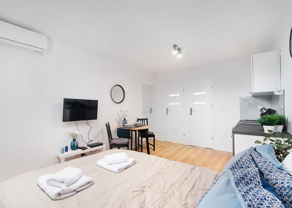 Bed, TV and multimedia, Kitchen or kitchenette, Living room, Photo of the whole room, Seating area, Bedroom, towels, wardrobe, air conditioner