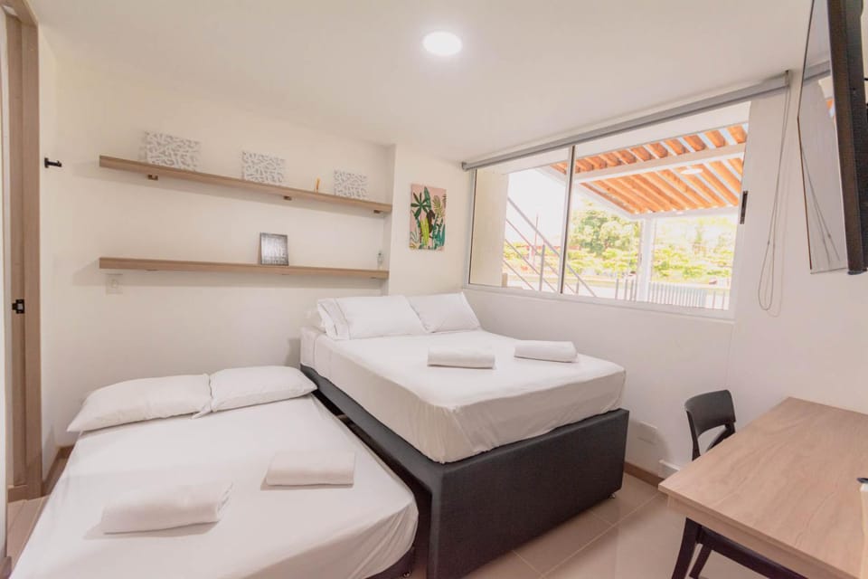 Bed, Photo of the whole room, Bedroom, towels, air conditioner