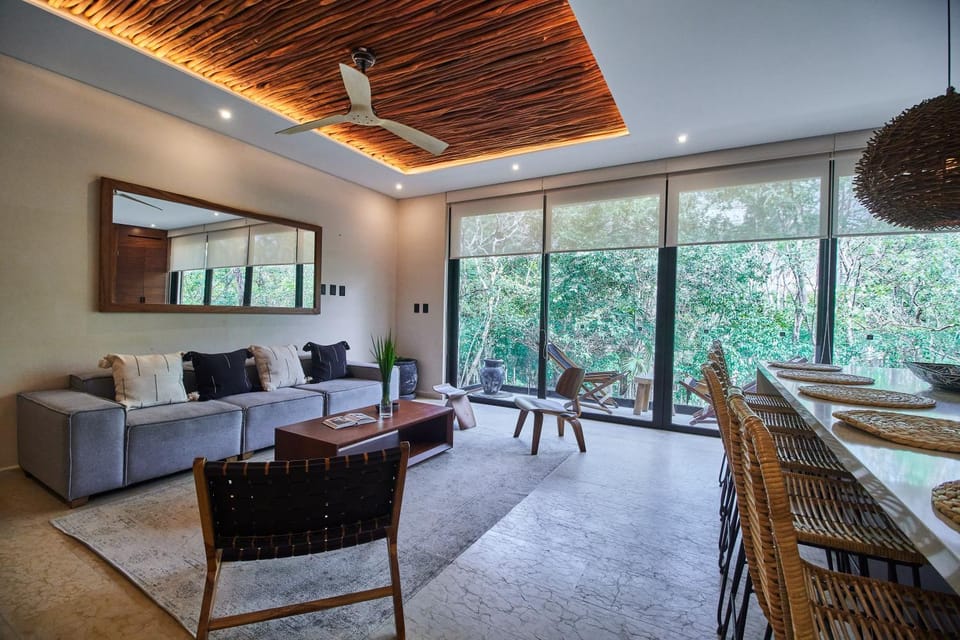 Living room, Seating area, Dining area, Garden view