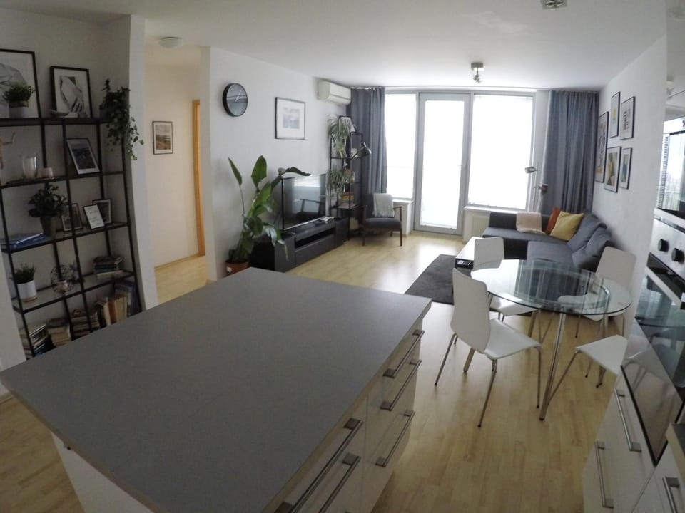 Kitchen or kitchenette, Living room, Seating area, Dining area