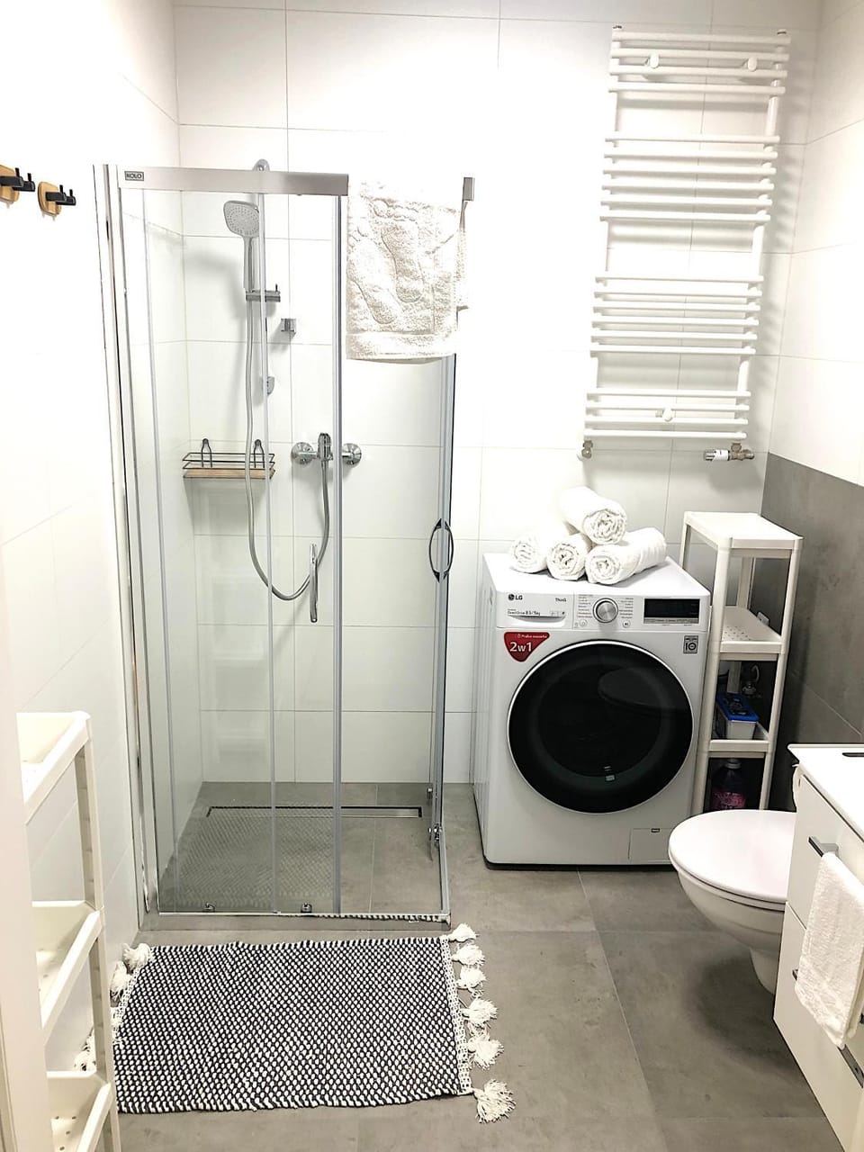 Shower, Toilet, Bathroom, towels, washing machine, dryer
