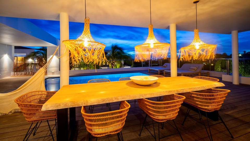 Patio, Dining area, Pool view