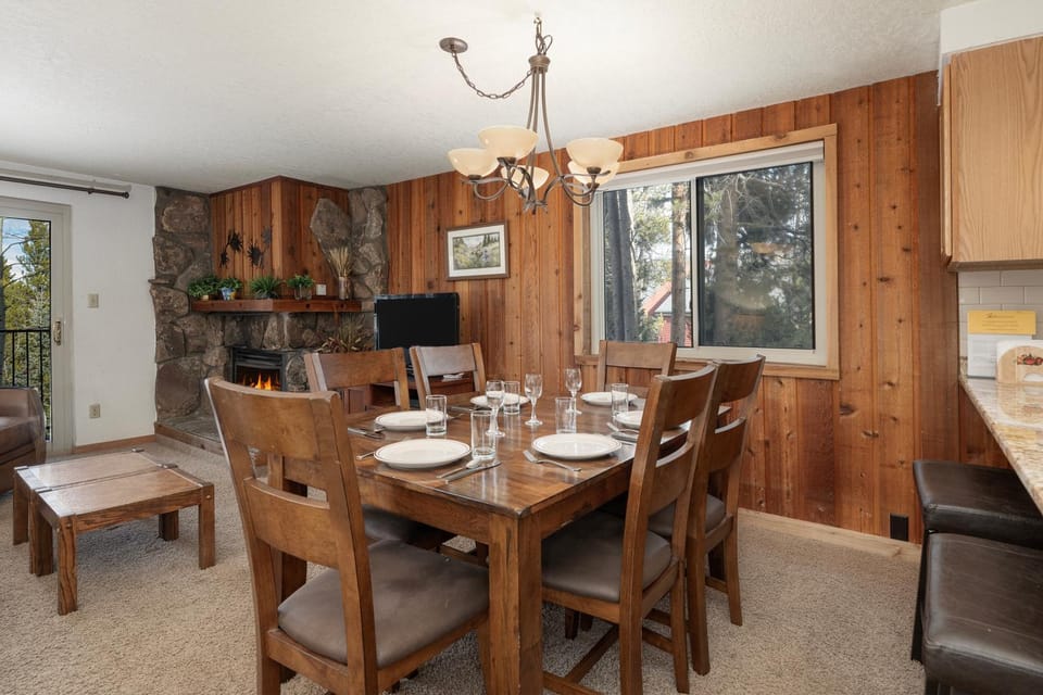 Dining area, fireplace, furniture