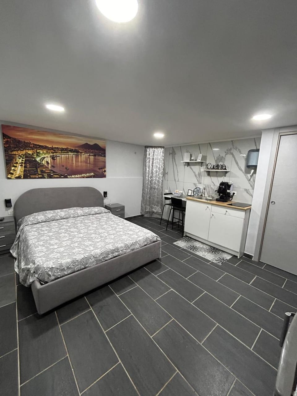 Bed, wardrobe, kitchen