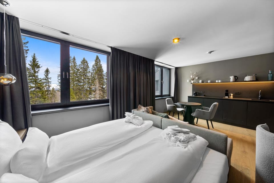 Spring, Bed, Summer, View (from property/room), Kitchen or kitchenette, Photo of the whole room, Seating area, Bedroom, Mountain view