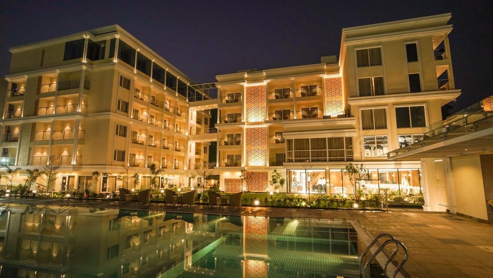 Property building, Night, Pool view, Swimming pool