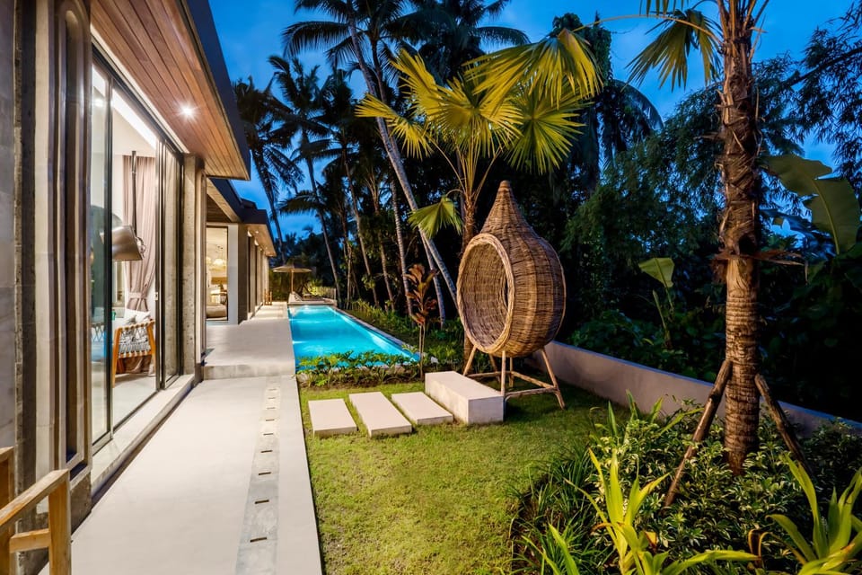 Property building, Night, Natural landscape, View (from property/room), Pool view, Swimming pool, sunbed