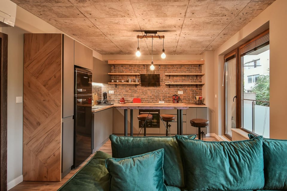 Kitchen or kitchenette, Living room, Seating area, Dining area, dishwasher, oven, stove