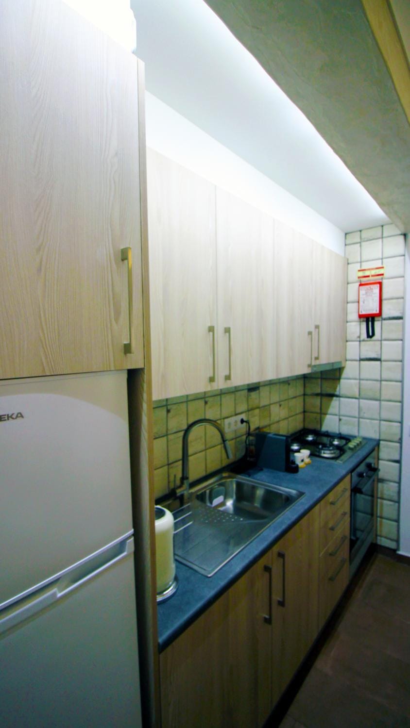 Kitchen or kitchenette, stove