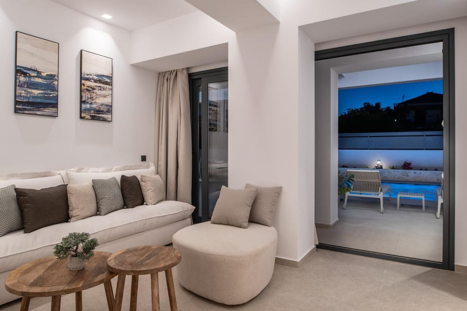Living room, Seating area, Pool view