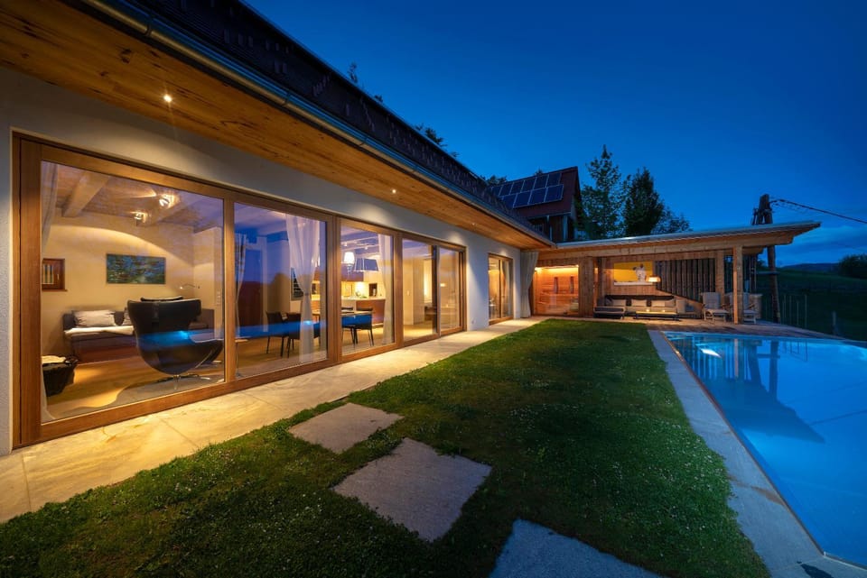 Property building, Patio, Night, Garden, Garden view, Pool view, Swimming pool, sunbed