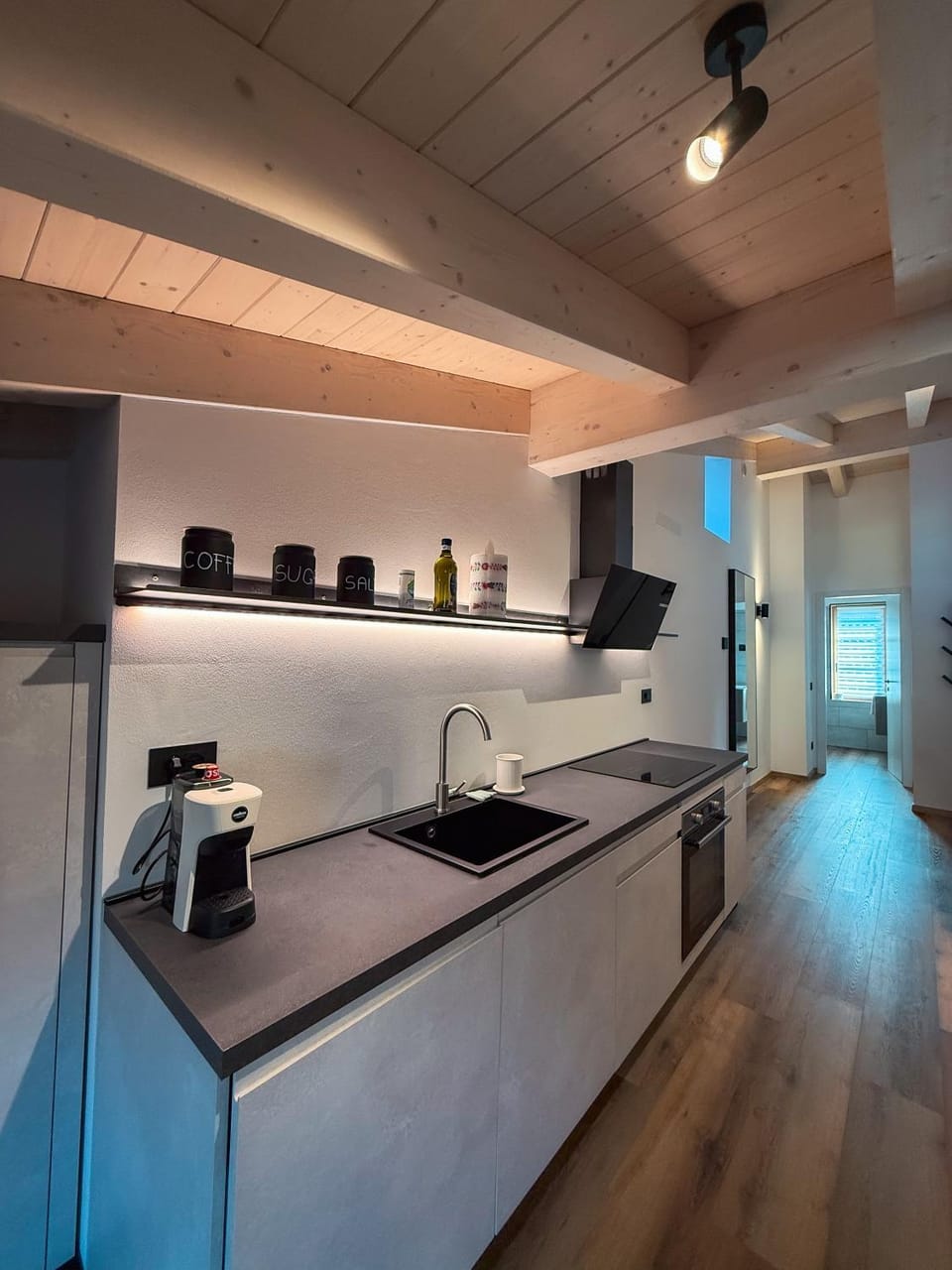 Kitchen or kitchenette, stove, toaster