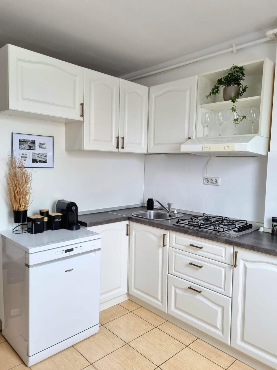 Kitchen or kitchenette, dishwasher, stove