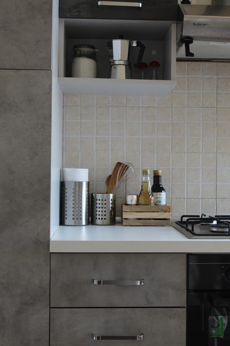 Kitchen or kitchenette, stove