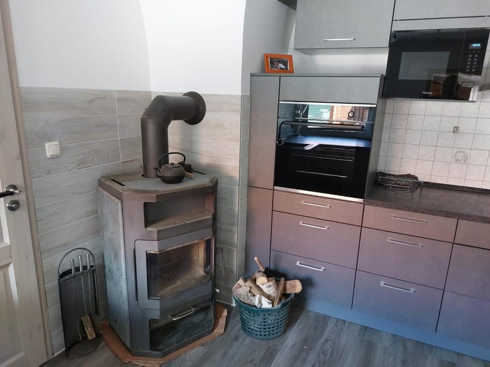 Kitchen or kitchenette, fireplace, stove