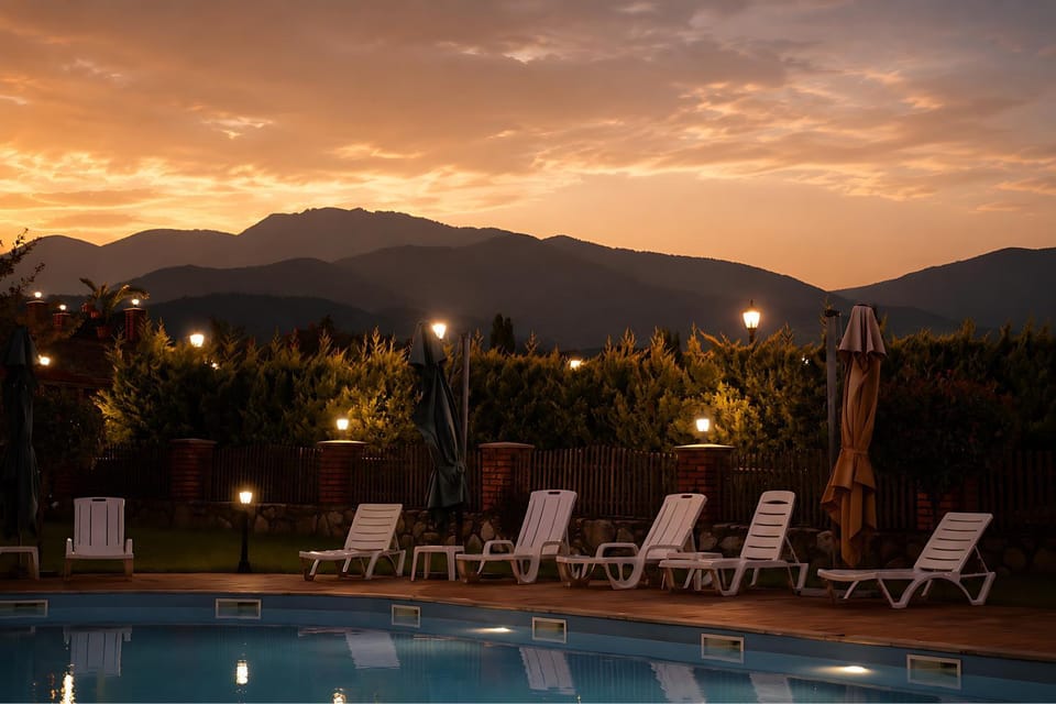 Mountain view, Pool view, Swimming pool, Sunset, sunbed