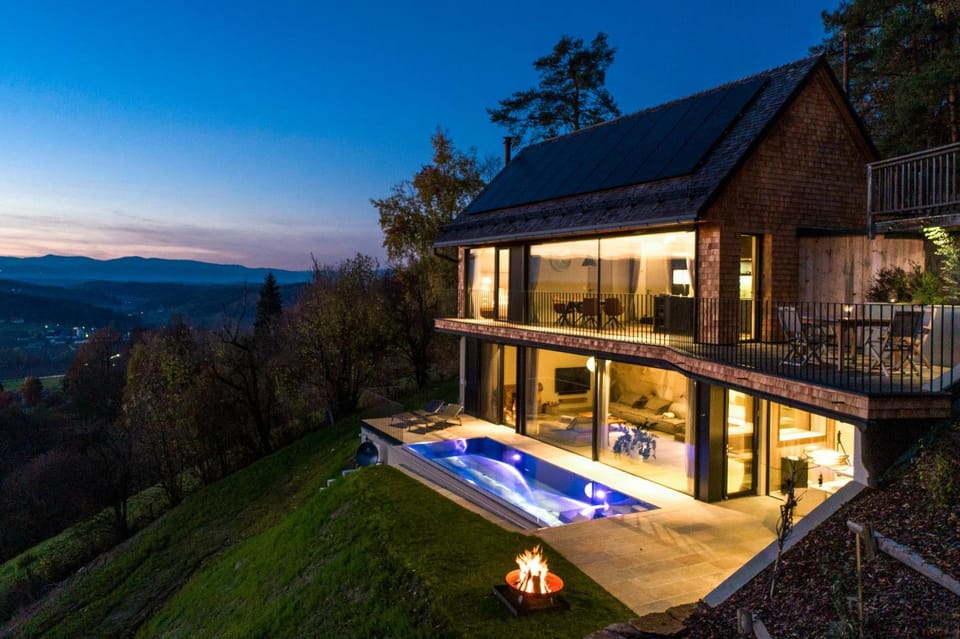 Property building, Night, Natural landscape, Swimming pool