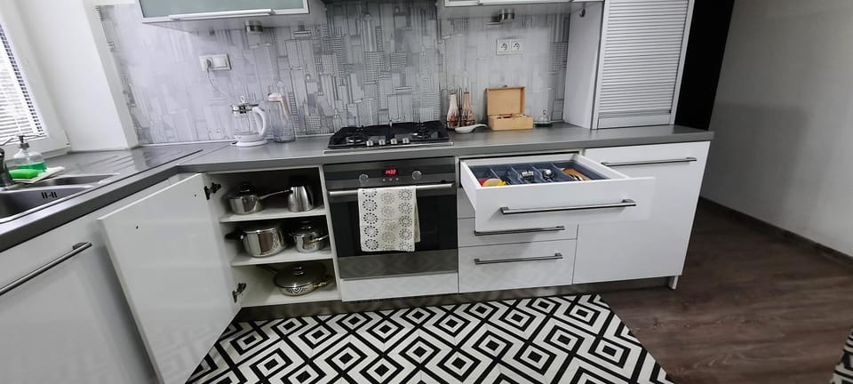 Kitchen or kitchenette, dishwasher, oven, stove