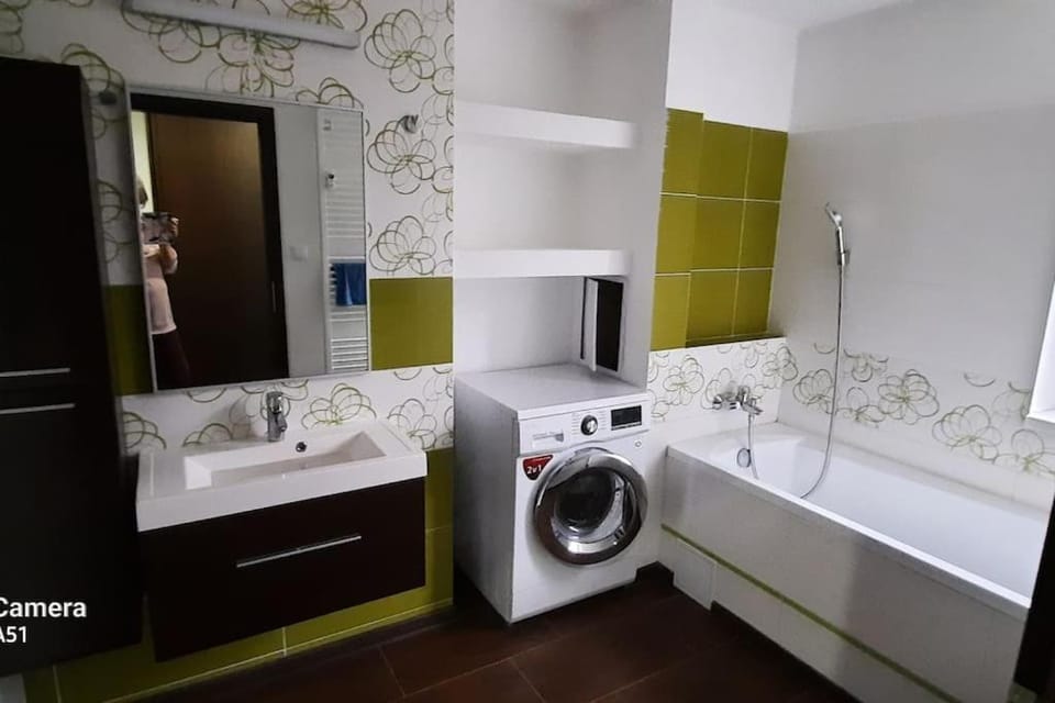 Bathroom, towels, washing machine, dryer