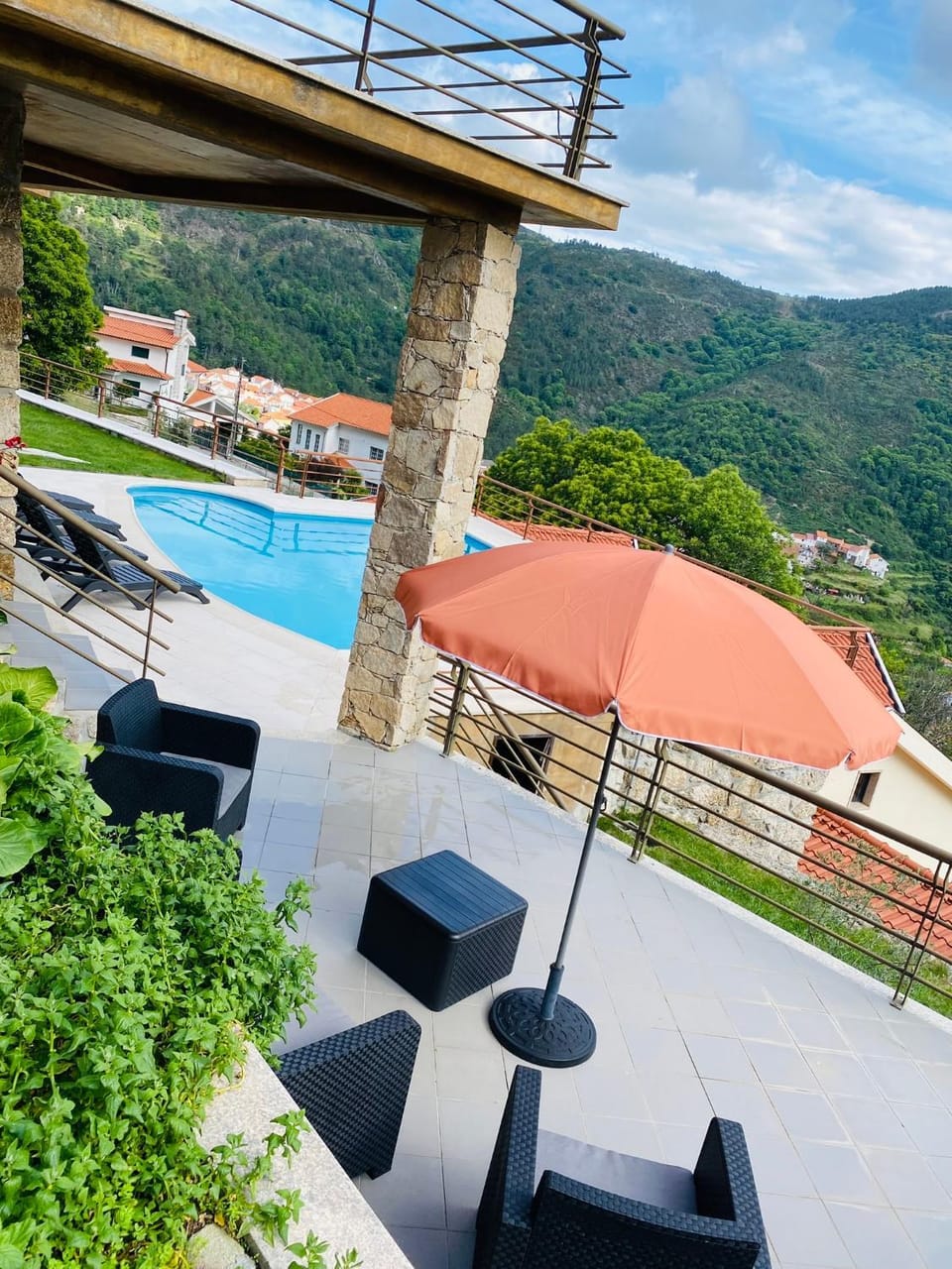 Property building, Patio, Spring, Natural landscape, View (from property/room), Balcony/Terrace, Mountain view, Pool view, Swimming pool, sunbed