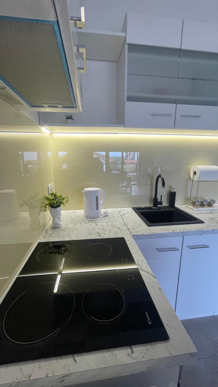 Kitchen or kitchenette, stove