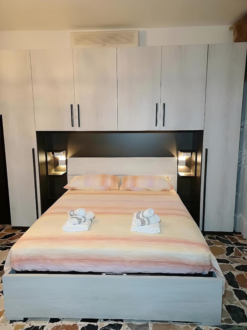 Bed, wardrobe