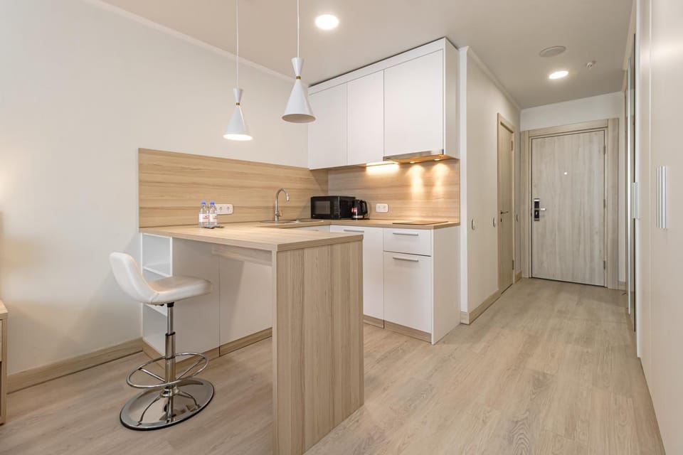 Kitchen or kitchenette, stove