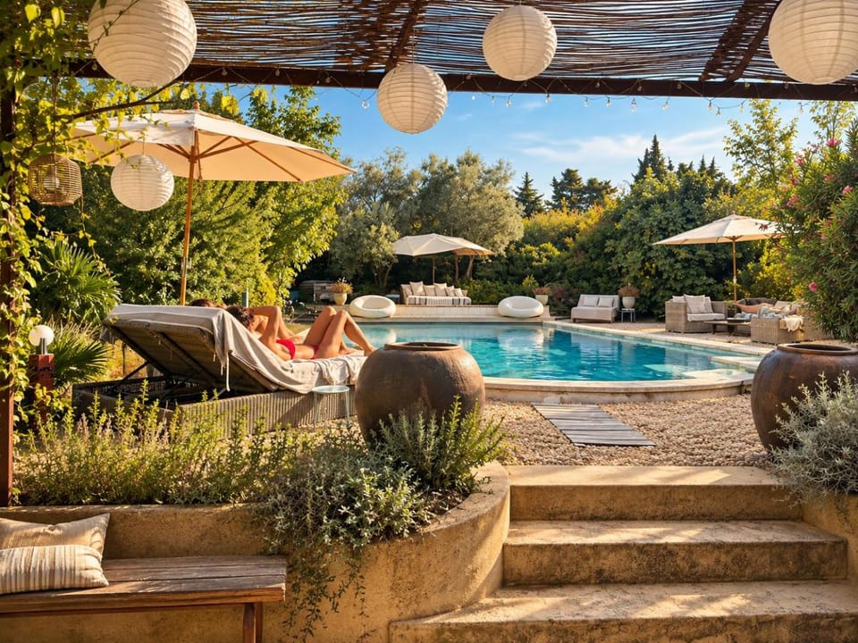 Day, Natural landscape, Garden, Garden view, Pool view, Swimming pool, sunbed