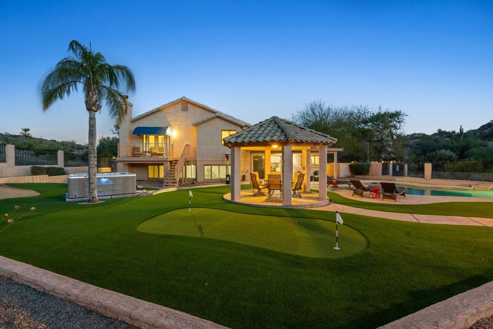 Property building, Night, Natural landscape, Garden, Pool view, Swimming pool, sunbed