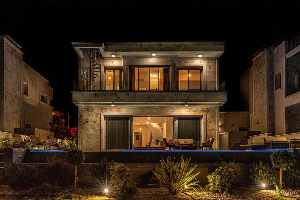 Property building, Patio, Night, Swimming pool